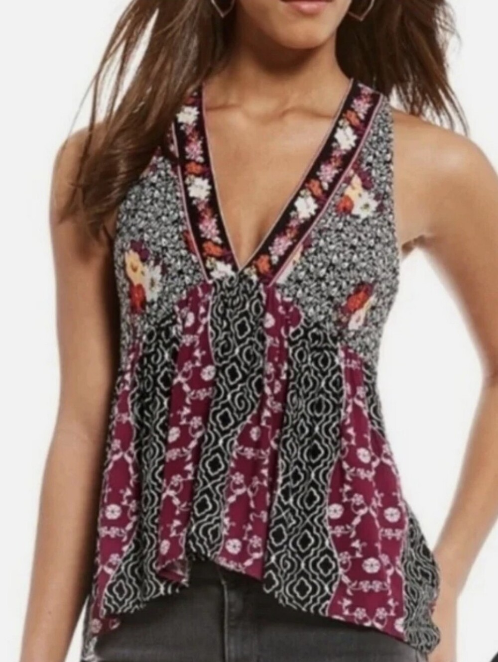 Free People "Dream Darlin" Deep V-Neck Mixed Print Tank Top/ M